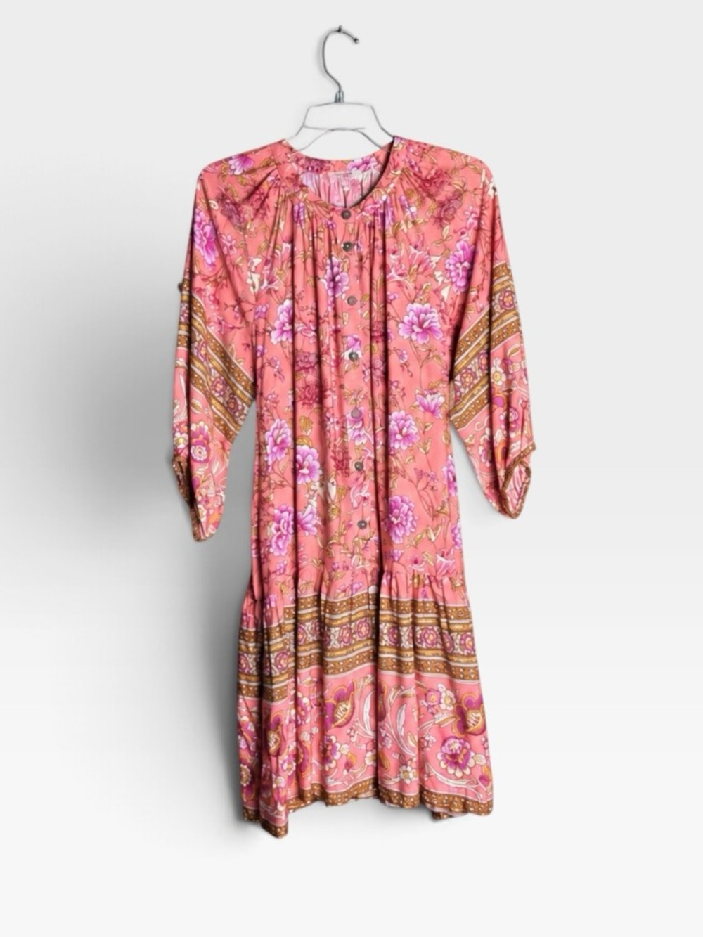Umgee Large Coral Pink Floral Paisley Boho Tassel Belt Dress